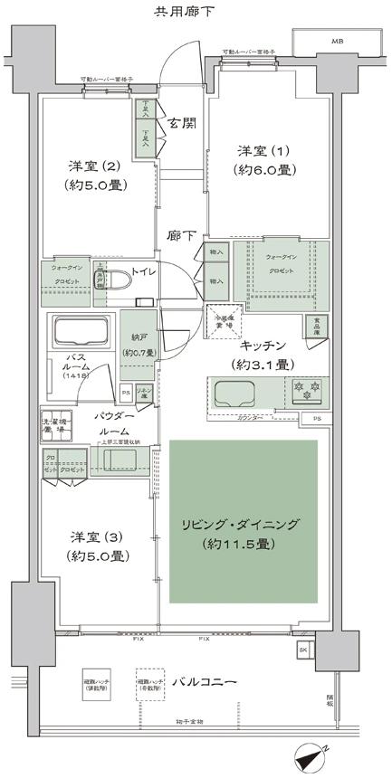 シティテラス横濱星川の間取り図　C1：3LDK+N(納戸)+2WIC(ウォークインクロゼット)