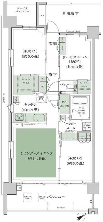 シティテラス横濱星川の間取り図　A2b：2LDK+S(サービスルーム[納戸])+N(納戸)+2WIC(ウォークインクロゼット)