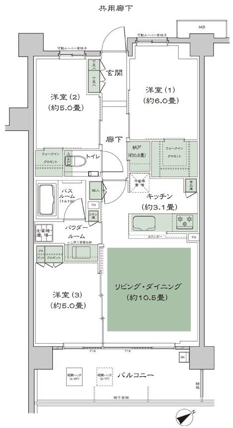 シティテラス横濱星川の間取り図　B5-I：3LDK+N(納戸)+2WIC(ウォークインクロゼット)