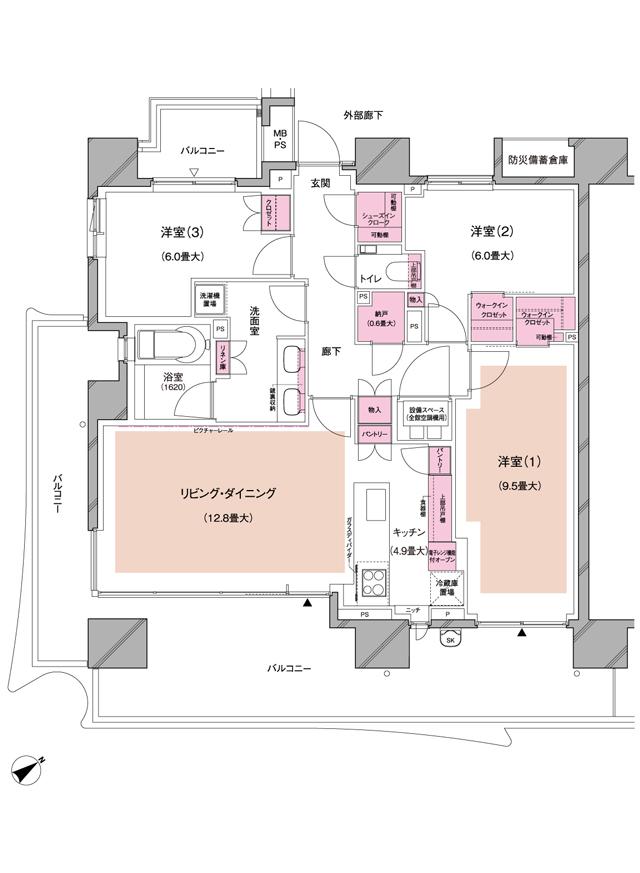 ブランズ芝浦の間取り図　F：3LDK+N+2WIC+SIC