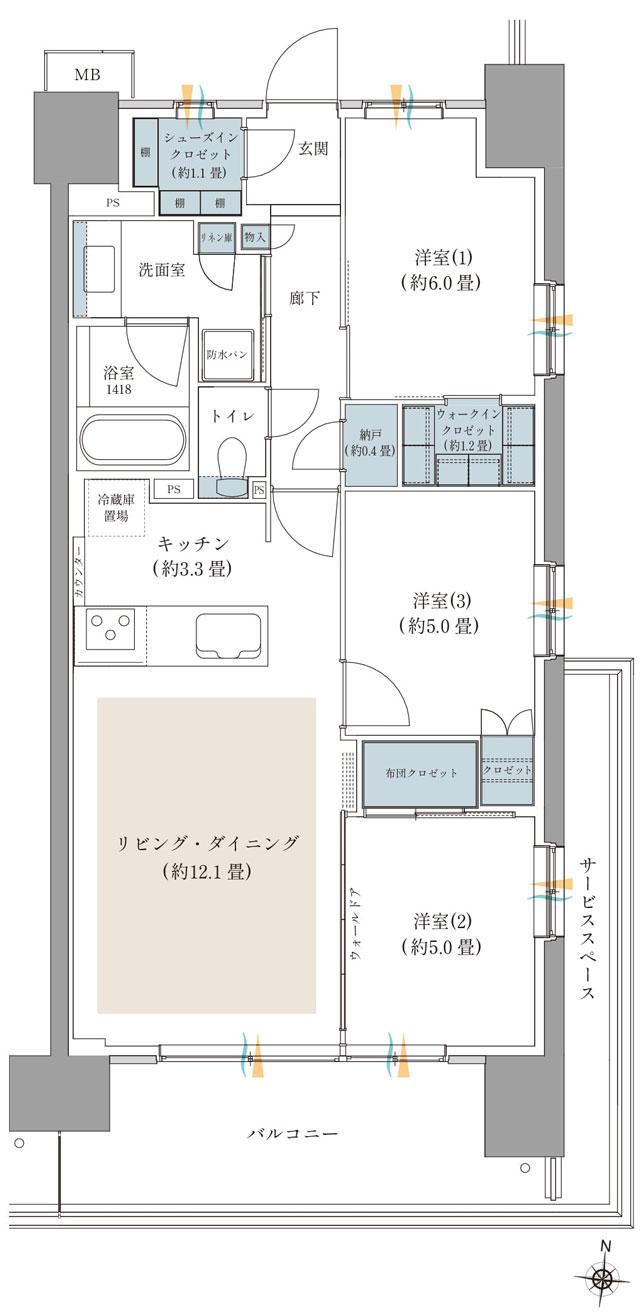 ガーデングランデ横浜戸塚の間取り図　A12：3LDK+S+WIC+SIC