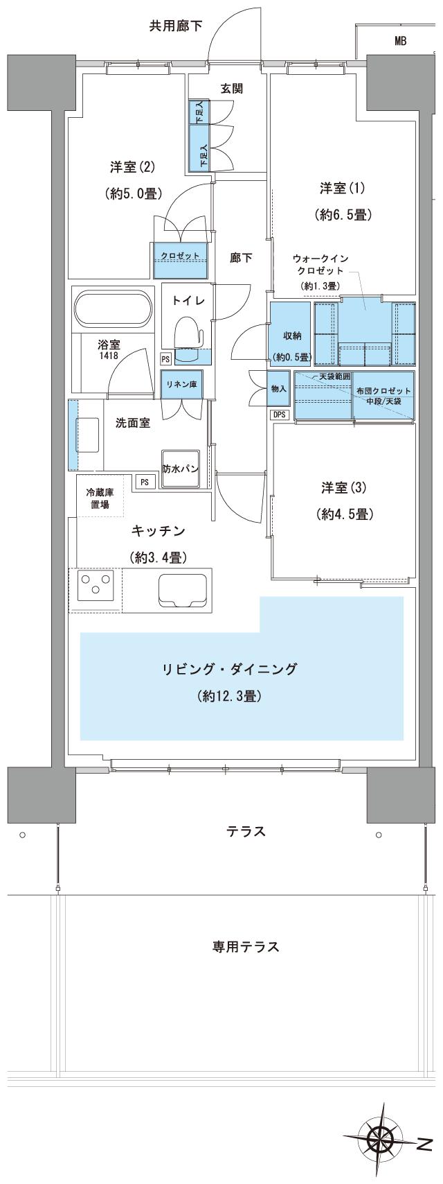 ガーデングランデ横浜戸塚の間取り図　A17t：3LDK+S+WIC