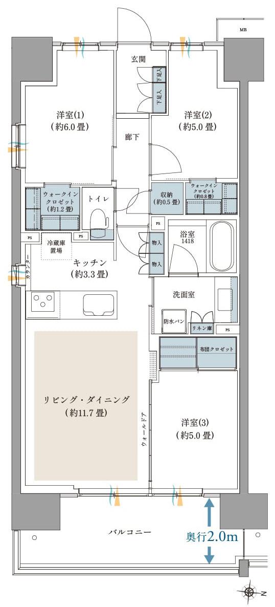 ガーデングランデ横浜戸塚の間取り図　B13：3LDK+S+2WIC