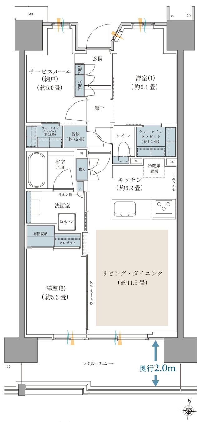ガーデングランデ横浜戸塚の間取り図　A7：2LDK+Sa+S+2WIC