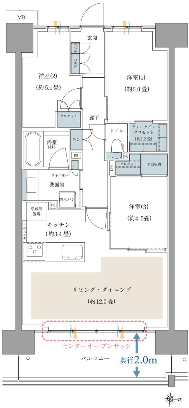 ガーデングランデ横浜戸塚の間取り図　C13：3LDK+WIC