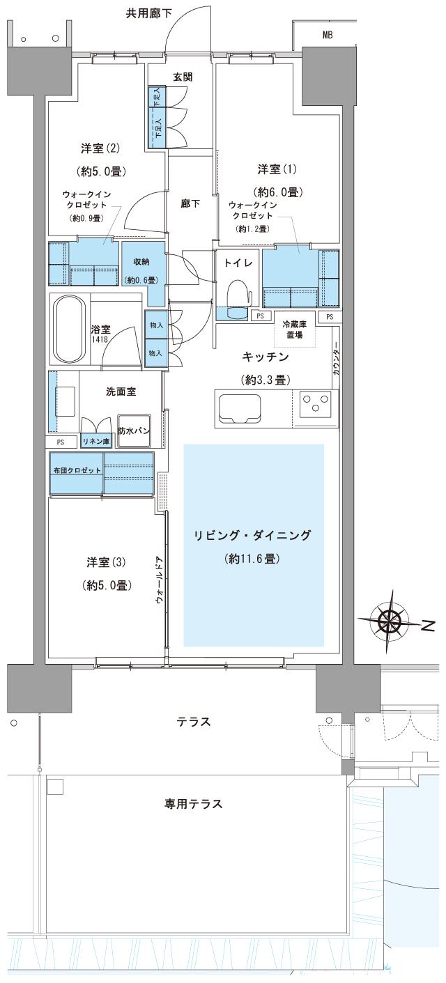 ガーデングランデ横浜戸塚の間取り図　C18t：3LDK+S+2WIC