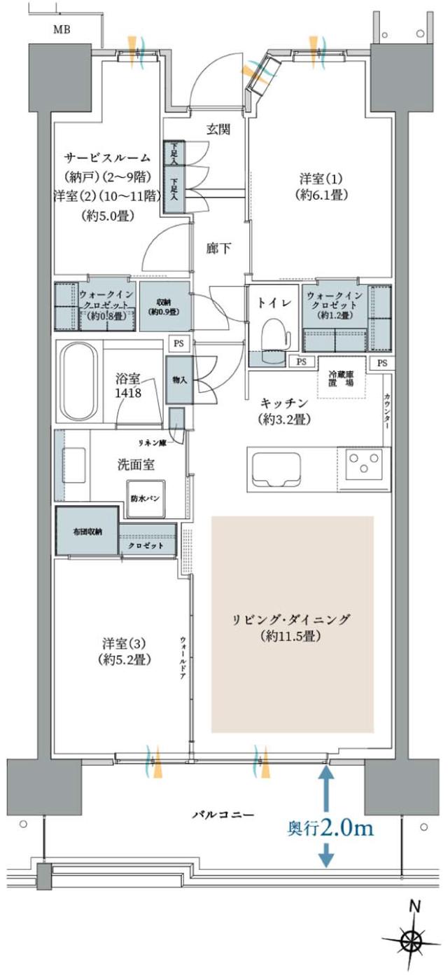 ガーデングランデ横浜戸塚の間取り図　B7：2LDK+SA+S+2WIC