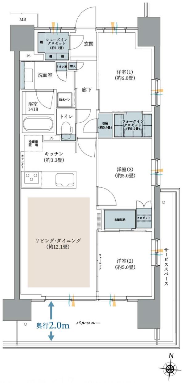 ガーデングランデ横浜戸塚の間取り図　B12：3LDK+S+WIC+SIC