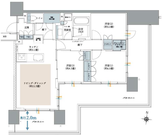 ガーデングランデ横浜戸塚の間取り図　C11：3LDK+S+WIC