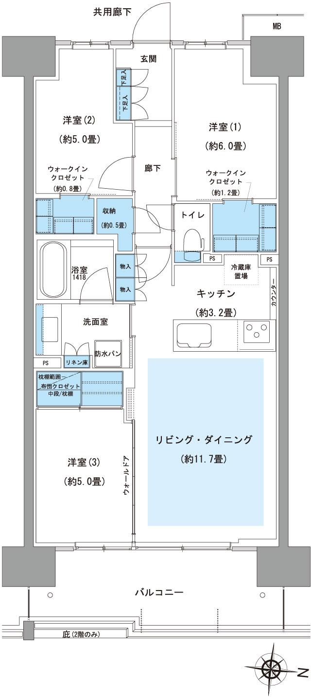 ガーデングランデ横浜戸塚の間取り図　C14：3LDK+S+2WIC
