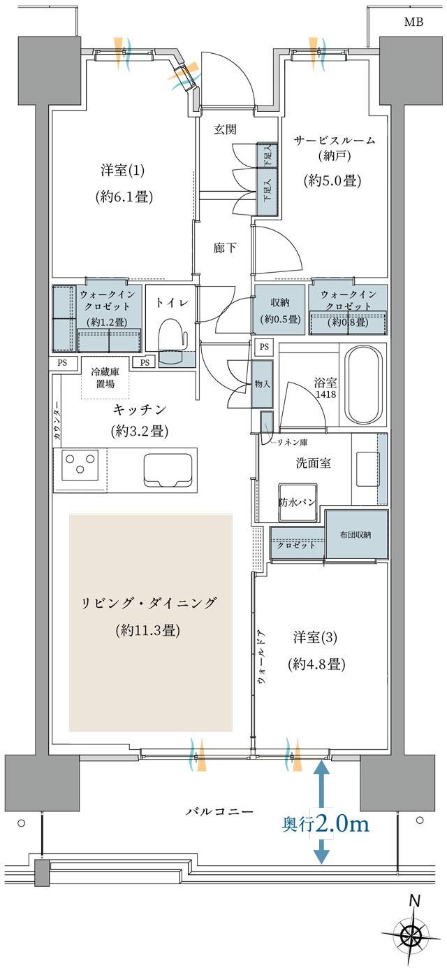 ガーデングランデ横浜戸塚の間取り図　B11：2LDK+Sa+S+2WIC