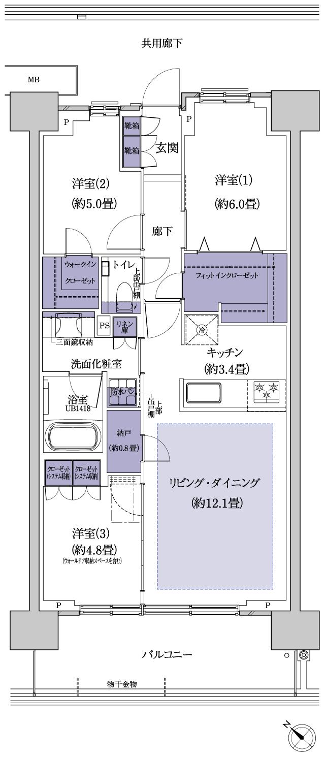 プラウド横浜東神奈川フロントの間取り図　E：3LDK+N+FIC+WIC