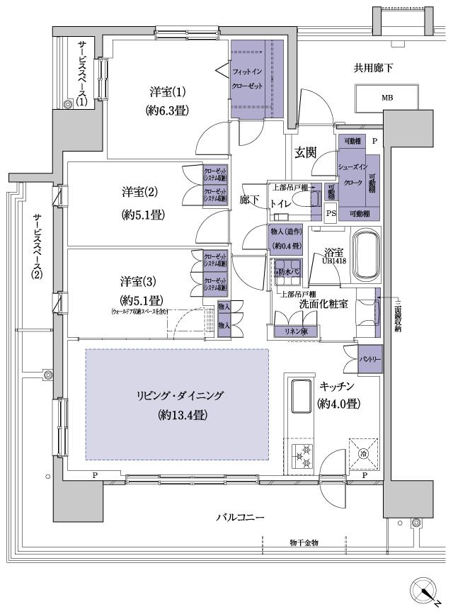 プラウド横浜東神奈川フロントの間取り図　K：3LDK+FIC+SIC