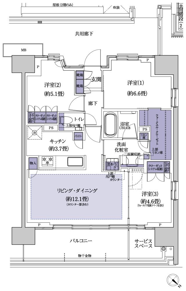 プラウド横浜東神奈川フロントの間取り図　M：3LDK+WTC