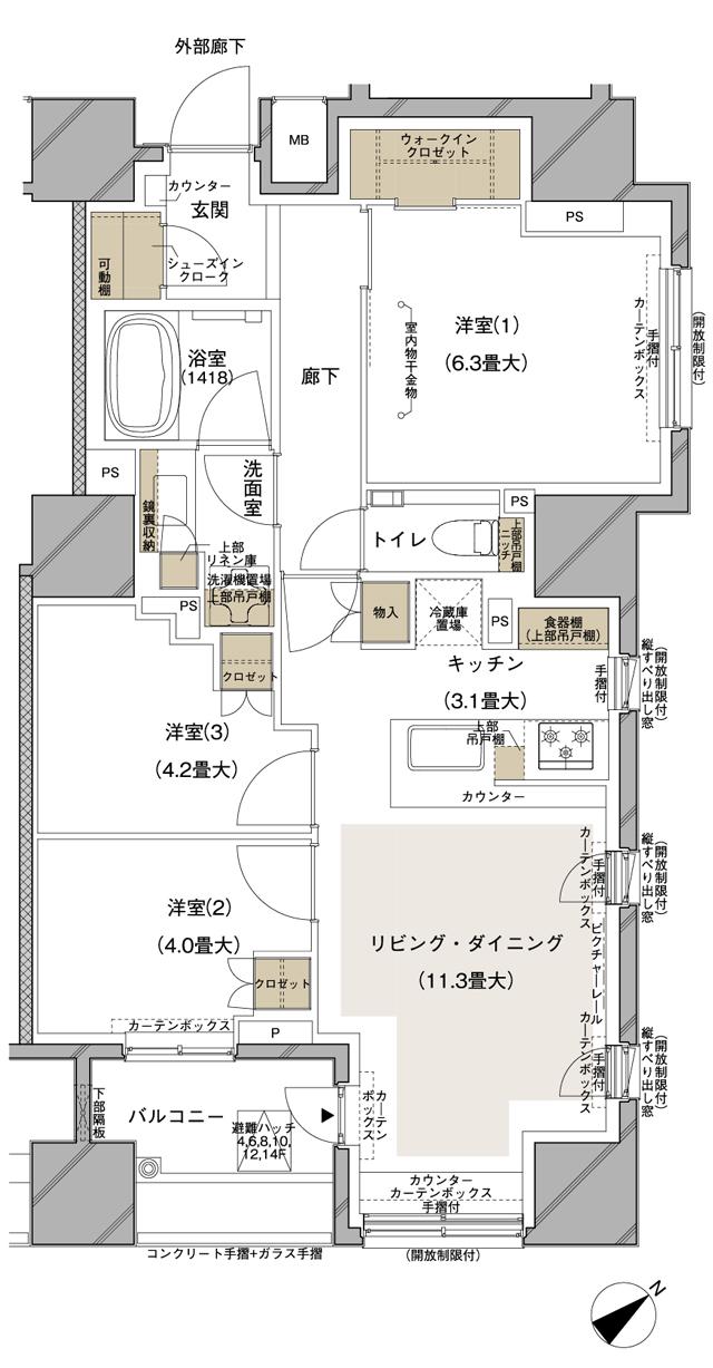 ブランズ武蔵小山の間取り図　F：3LDK+WIC+SIC
