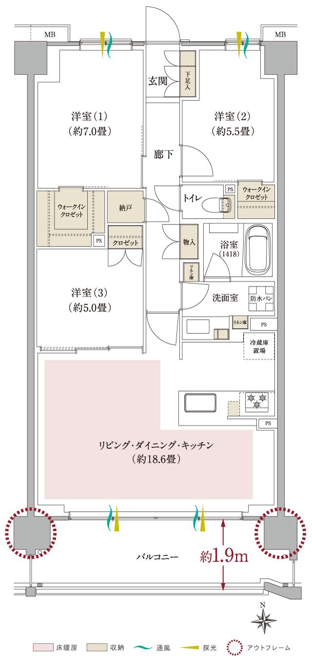 ブランシエラ武蔵中原の間取り図　K：3LDK+2WIC+N