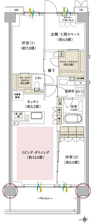 ブランシエラ武蔵中原の間取り図　F：2LDK+WIC+FCL+DOMA