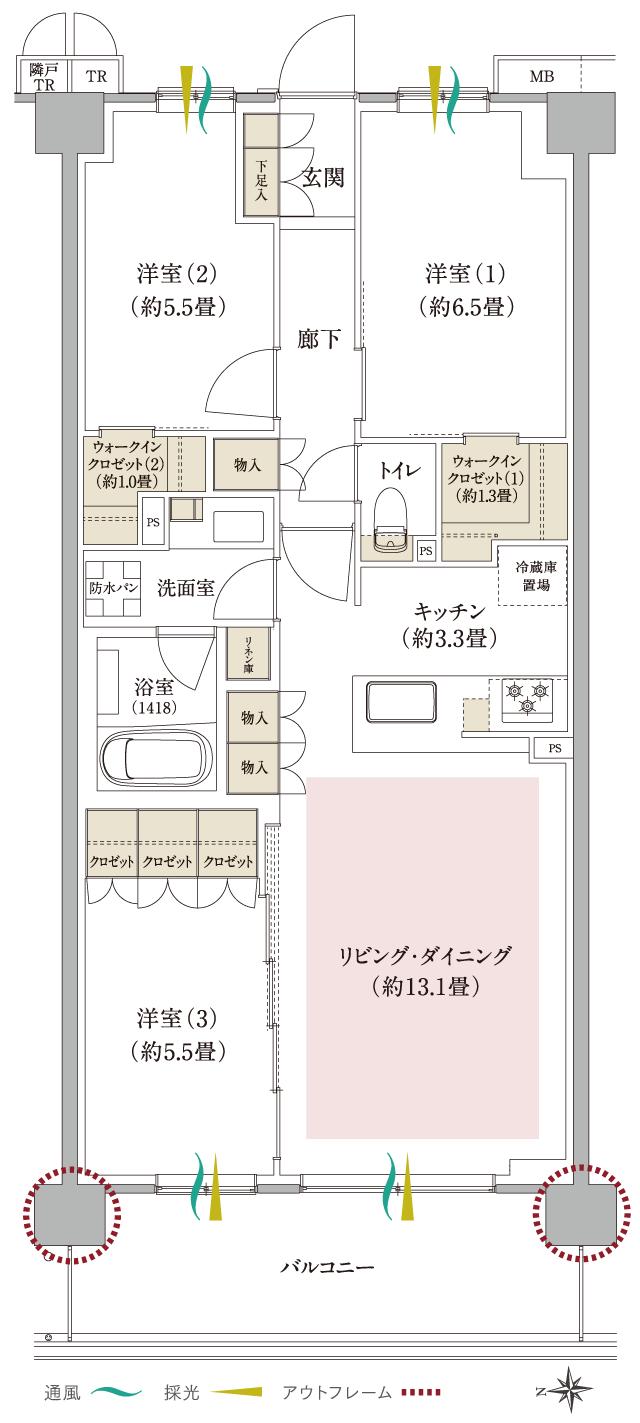 ブランシエラ武蔵中原の間取り図　D3：3LDK+2WIC