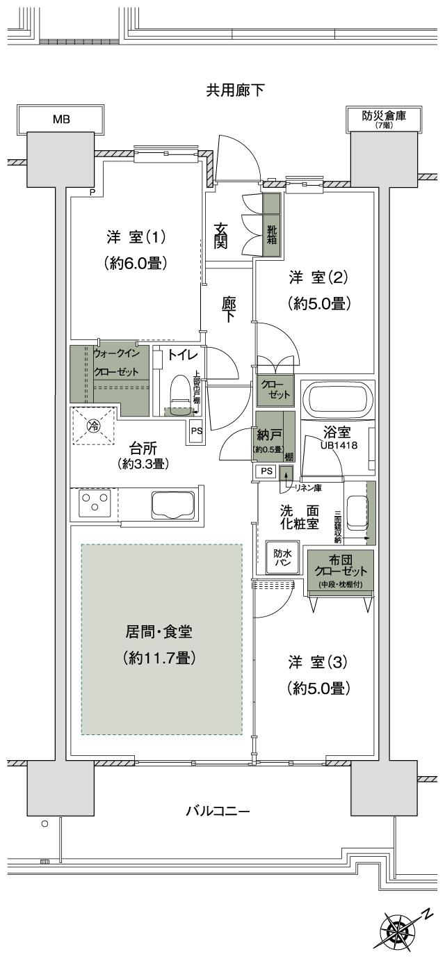 プラウドシティ豊田多摩平の森の間取り図　C18：3LDK+N+WIC