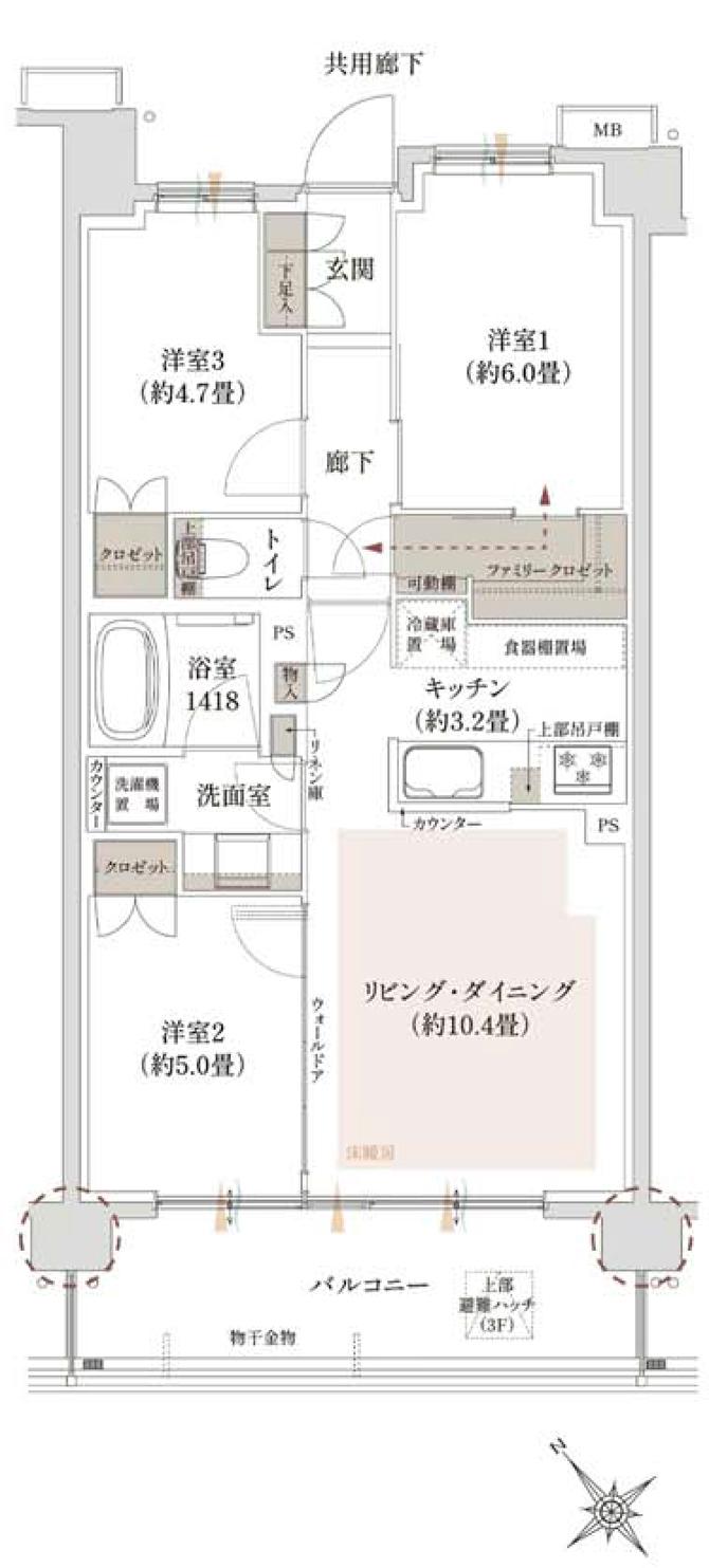 サンリヤン浦安の間取り図　B：3LDK+FC