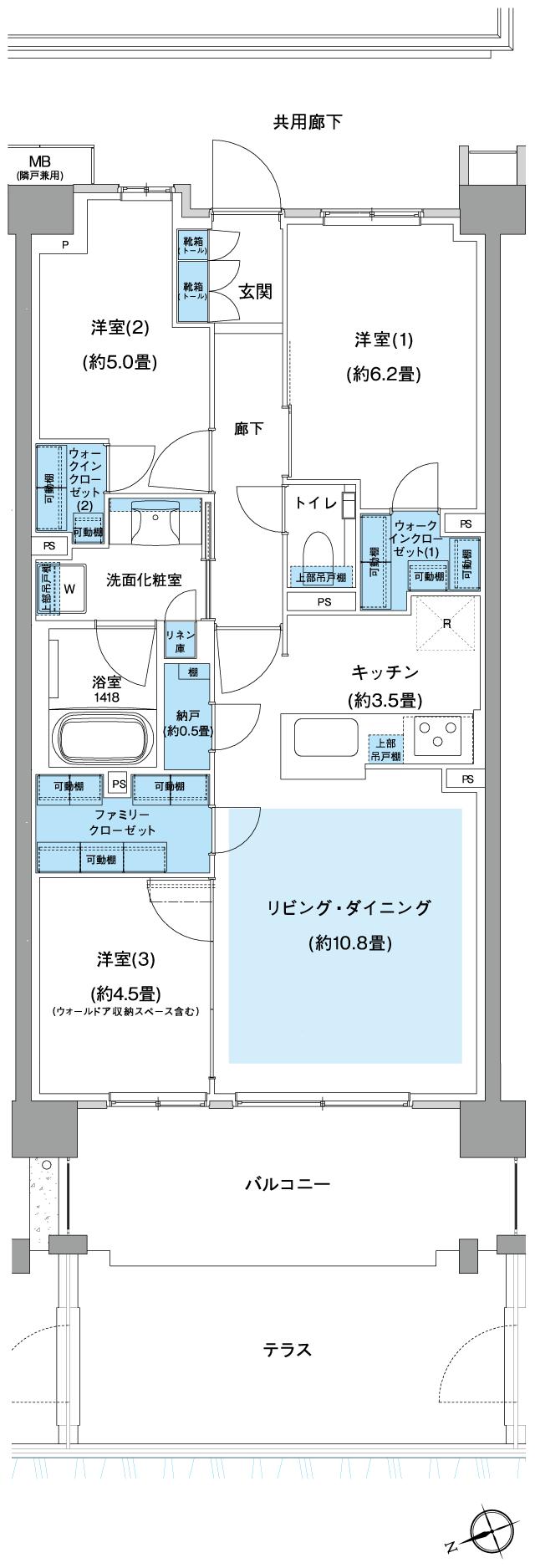 プラウド川崎矢向の間取り図　A2g：3LDK+N+FC+2WIC