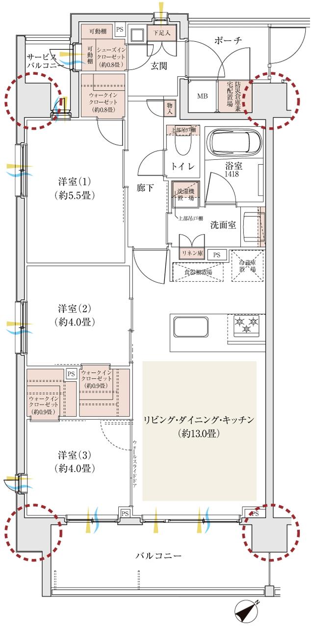 クレアホームズ朝霞台の間取り図　A：3LDK+3WIC+SIC