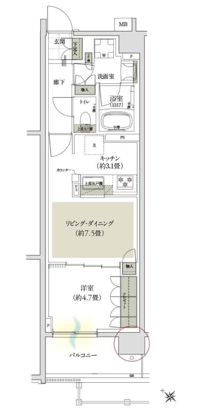 ローレルコート瑞江パークフロント／カームステージの間取り図　C-B：1LDK