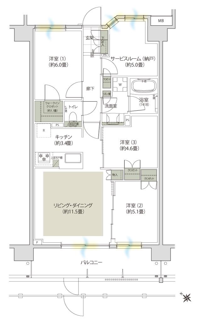 ローレルコート瑞江パークフロント／カームステージの間取り図　C-D：3LDK+S+WIC