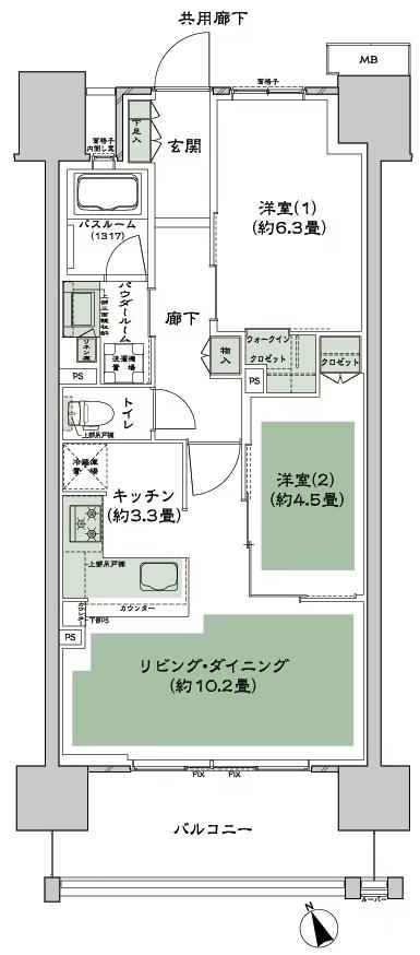 シティテラス多摩川の間取り図　F-G3：2LDK+WIC(ウォークインクロゼット)