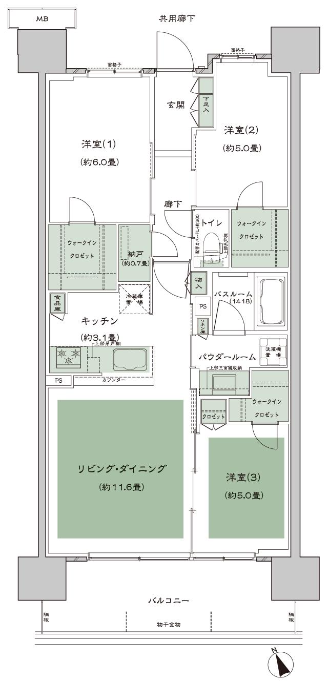 シティテラス多摩川の間取り図　C-B3b：3LDK+N(納戸)+3WIC(ウォークインクロゼット)