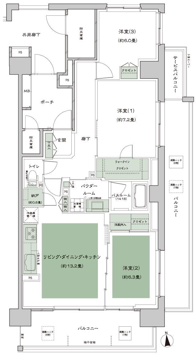 シティテラス多摩川の間取り図　F-M：3LDK+N(納戸)+WIC(ウォークインクロゼット)