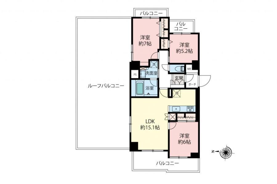 ルーフバルコニー48平米超、専有面積77平米超の角部屋3LDK／ヴェルビュ田無彩りの街