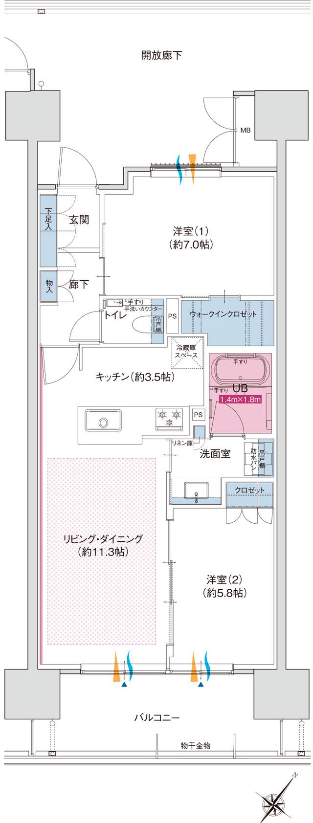 グラディス富山 碧ノ杜の間取り図　D：2LDK+ウォークインクロゼット