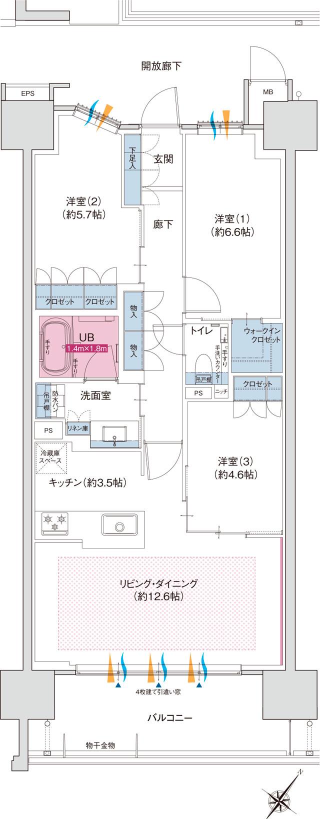 グラディス富山 碧ノ杜の間取り図　C：3LDK+ウォークインクロゼット