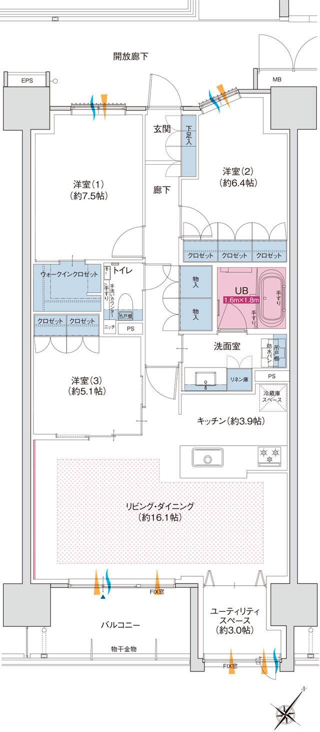 グラディス富山 碧ノ杜の間取り図　J：3LDK+ユーティリティスペース+ウォークインクロゼット