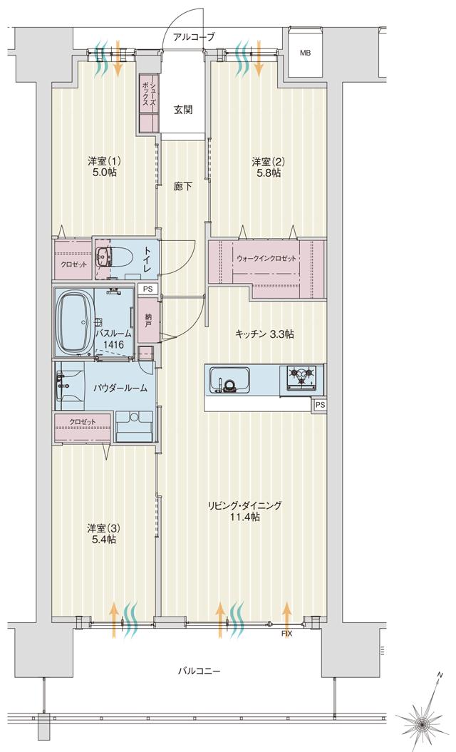 アルファステイツ新潟駅南口の間取り図　B：3LDK+ウォークインクロゼット