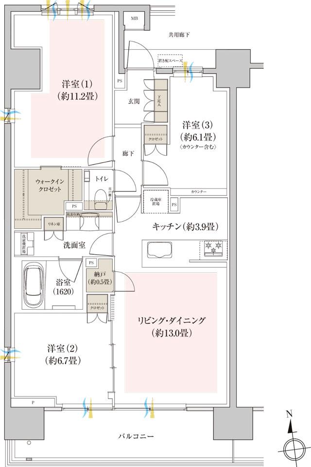 Brillia(ブリリア) 長野北石堂 ALPHA RESIDENCIAの間取り図　P：3LDK+WIC+N