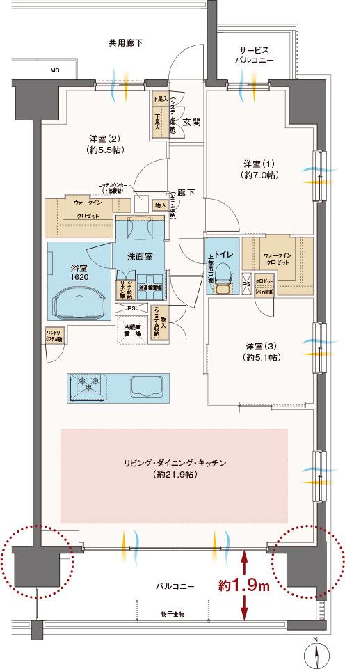 レーベン野々市 ONETHEREAの間取り図　F：3LDK+2WIC