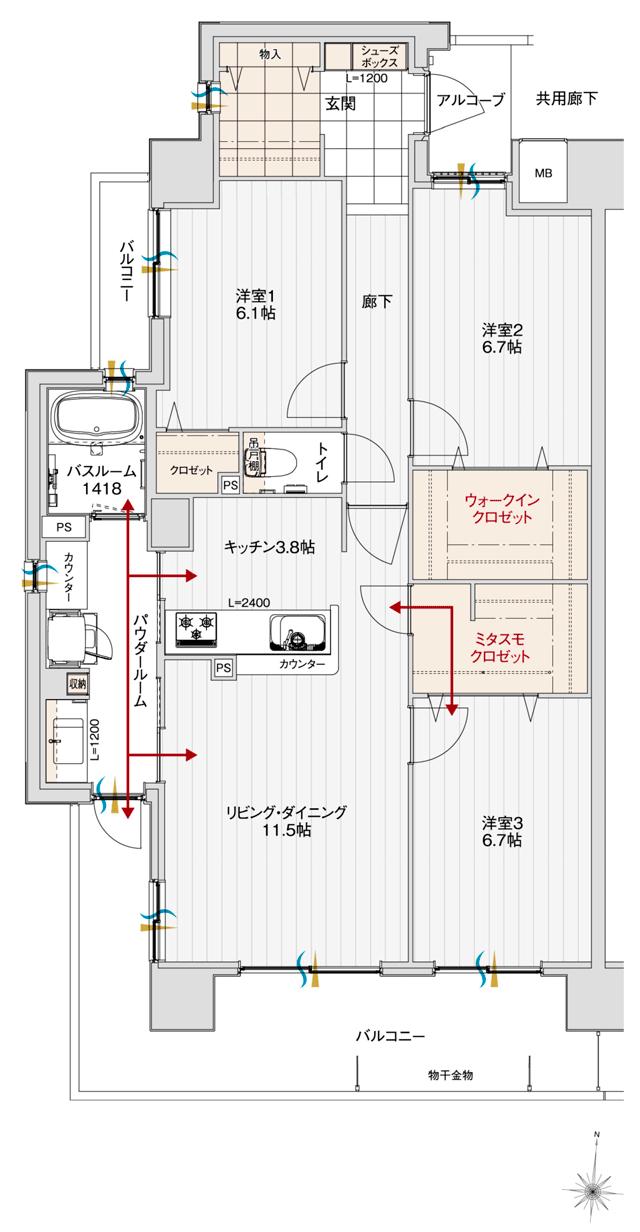 アルファステイツ北長野の間取り図　A1：3LDK+ミタスモクロゼット+ウォークインクロゼット
