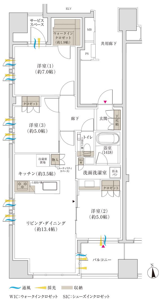 ジオ金沢近江町の間取り図　A：3LDK+WIC
