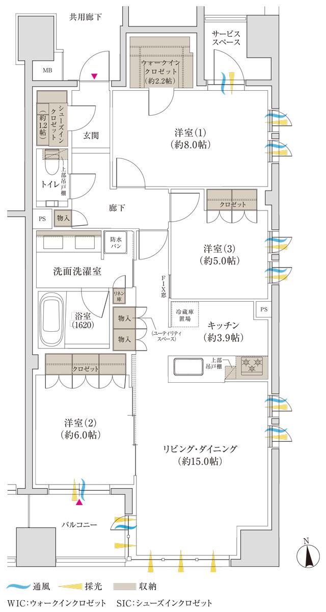 ジオ金沢近江町の間取り図　B：3LDK+WIC+SIC
