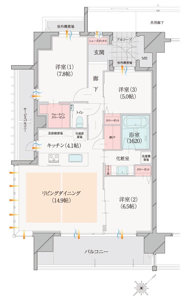 ダイアパレス一番堀の間取り図　A：3LDK+WIC