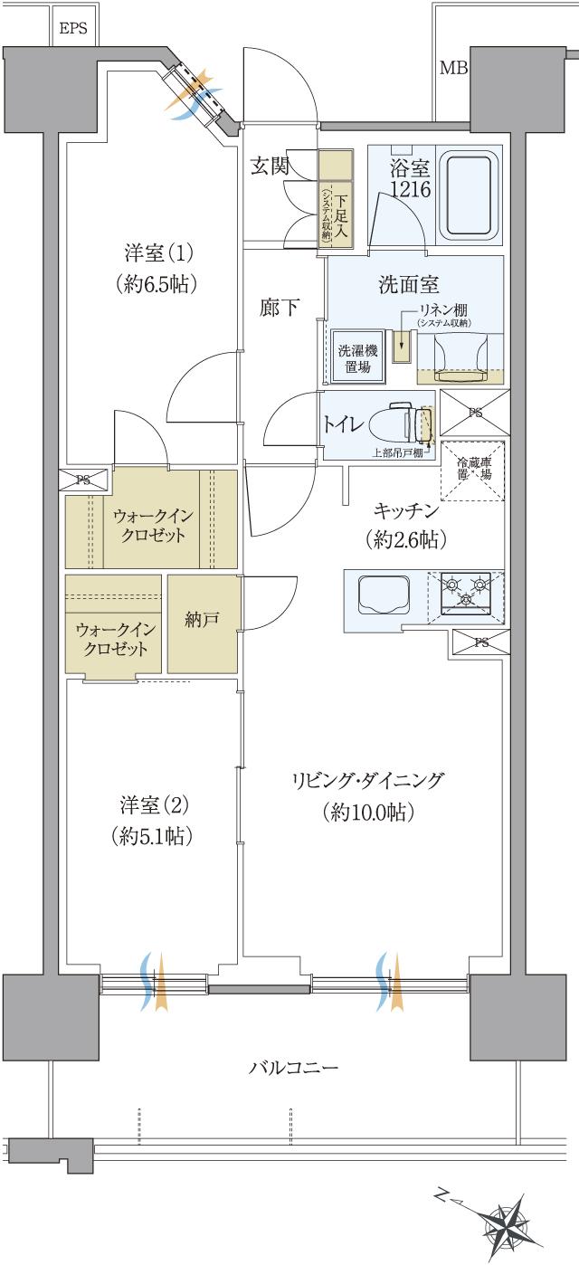 レーベン松本 GRIDEの間取り図　E：2LDK+2WIC+N