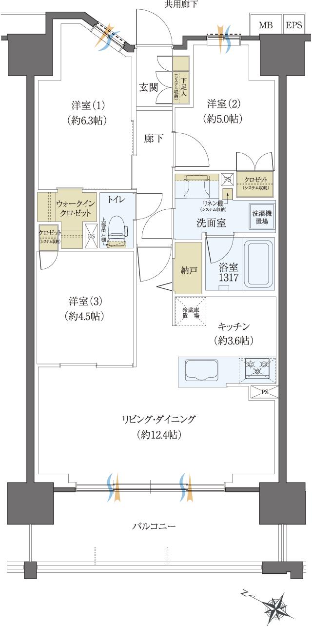レーベン松本 GRIDEの間取り図　D：3LDK+WIC+N