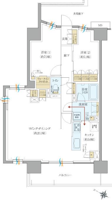 レーベン松本 GRIDEの間取り図　A：2LDK+WIC