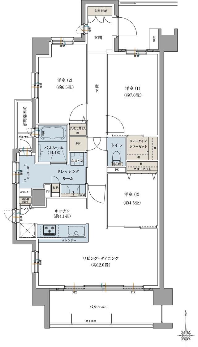 サーパス古正寺中央公園の間取り図　A：3LDK+N+WIC