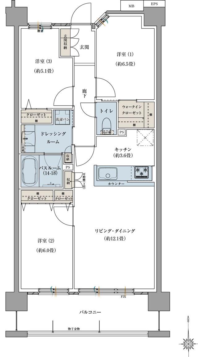 サーパス古正寺中央公園の間取り図　D：3LDK+WIC