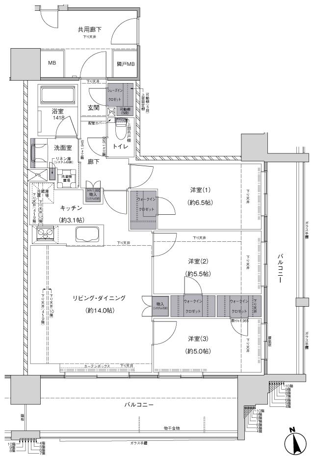 レーベン福井中央ARCGATEの間取り図　G：3LDK+3WIC+SIC