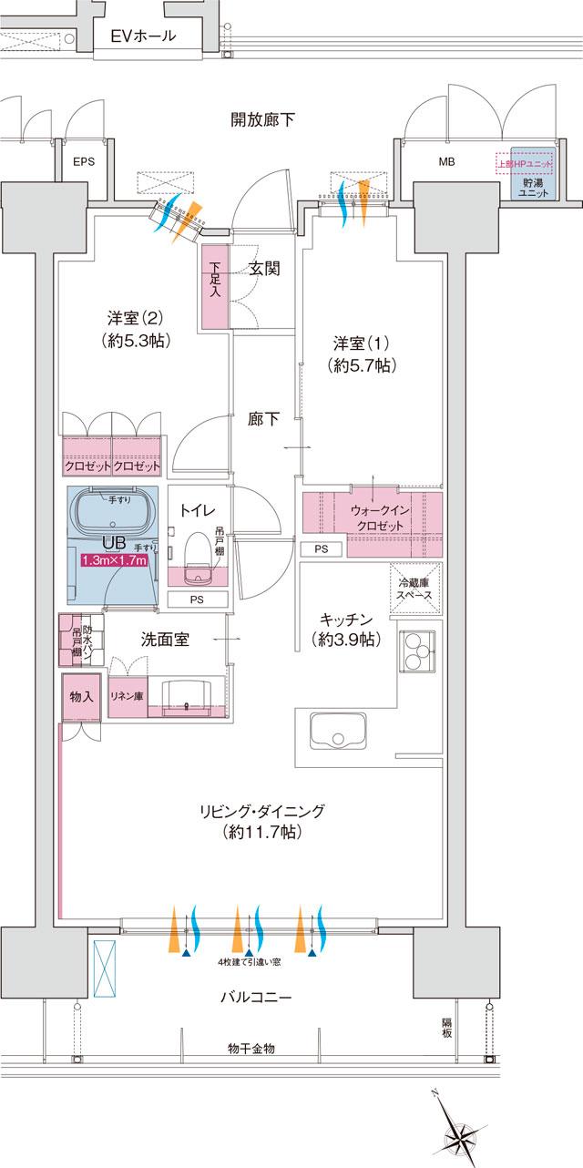 ポレスター福井駅東ブライティアの間取り図　B：2LDK+ウォークインクロゼット