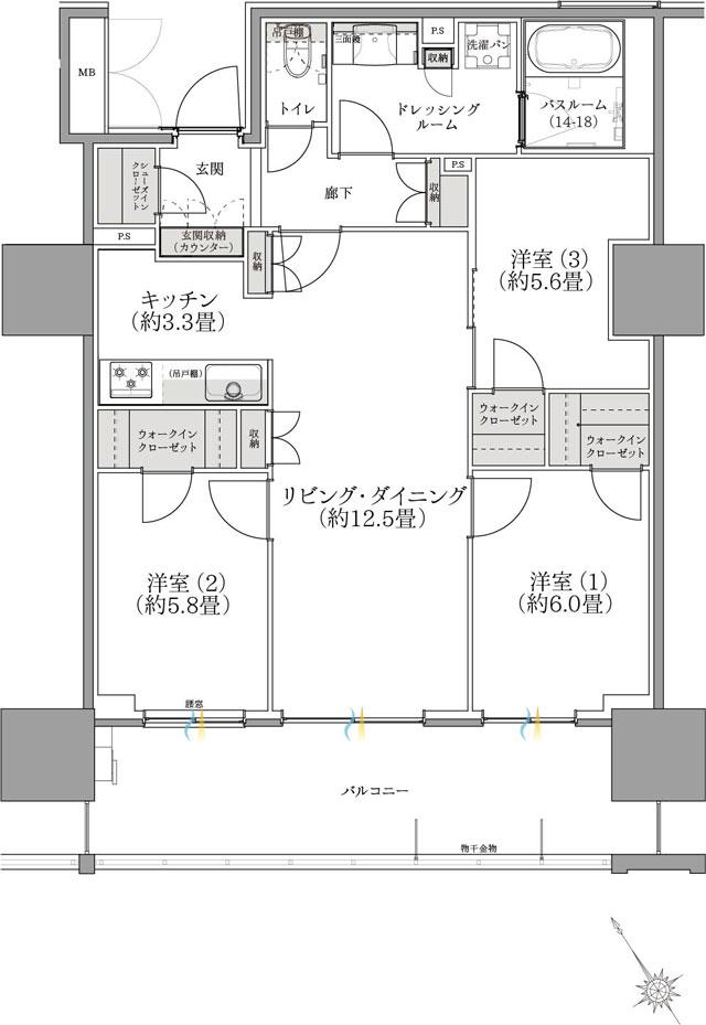 ザ・サーパスタワー新潟万代シテイの間取り図　H：3LDK+3WIC+SIC